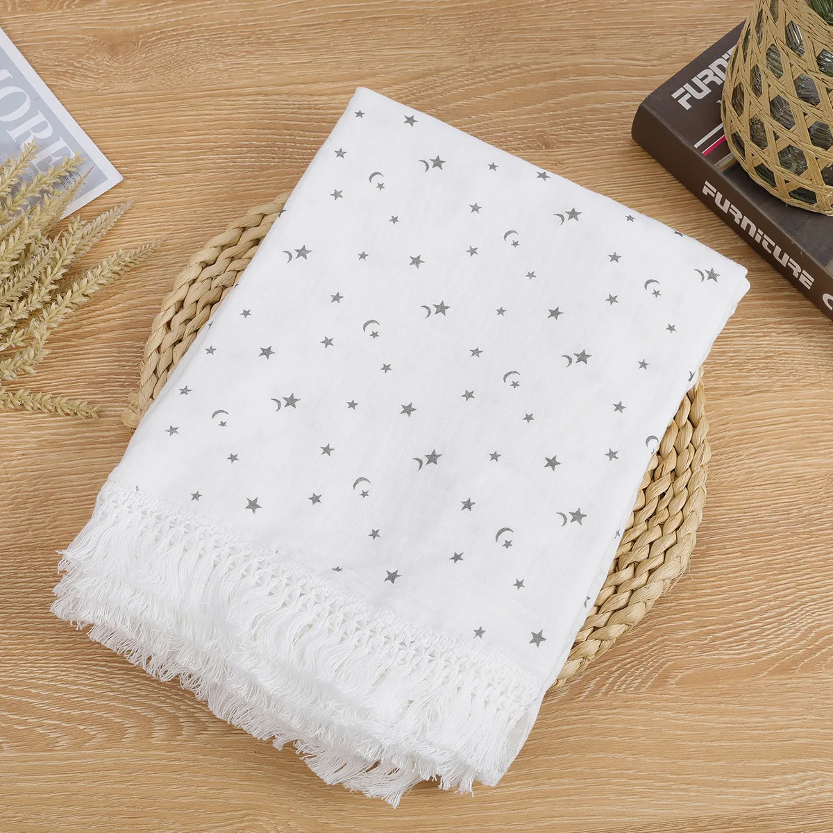 Custom Personalised Solid White Tassel Fringe Muslin Baby Blanket Muslin Swaddle Blanket Baby Receiving Blanket with Fringe 3