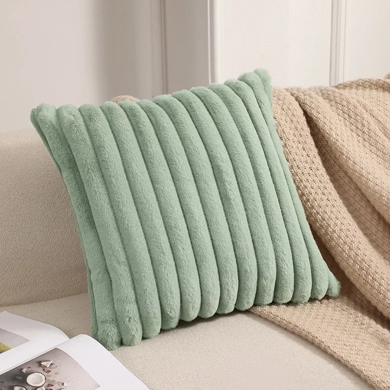 Luxurious Faux Rabbit Fur Plush Cushion Cover - Soft and Fluffy Striped Decorative Pillow
