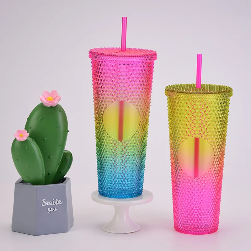 24Oz Matte Glow Inlaid Cup Plastic Coffee Cups With Straw Lids Double Wall Gradient Durian Cup Large Capacity Drinking Cup