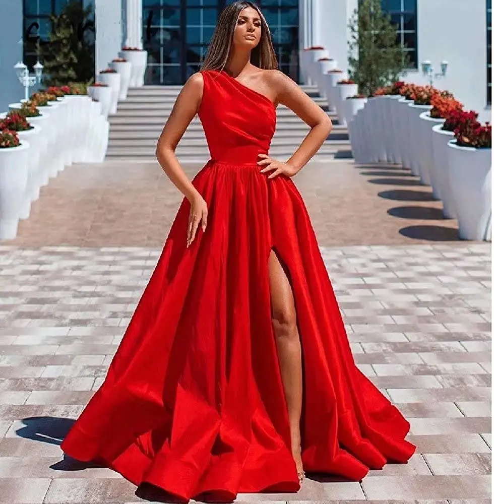 

Normicel Red Women's One Shoulder Prom Dresses Satin Long Formal Evening Party Gowns with Split for Wedding