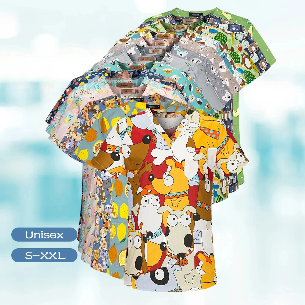 

Cartoon Printing New Surgical Uniforms Woman Scrubs Jacket Veterinary Uniform Mens Scrub Tops Unisex Cotton Medical Accessories