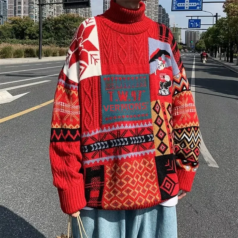남녀공용 아메리칸 스타일 폴로 터틀넥 크리스마스 스웨터, 프레피 루즈핏, 트렌디 패션, 가을 겨울 니트웨어