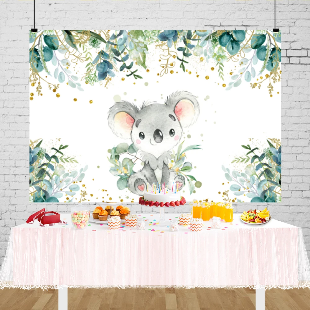 Koala Urso Fotografia Fundo Birthday Party Foto Contexto Folhas de Eucalipto Verde Decorações do Chuveiro do Bebê Decoração de Mesa de Bolo