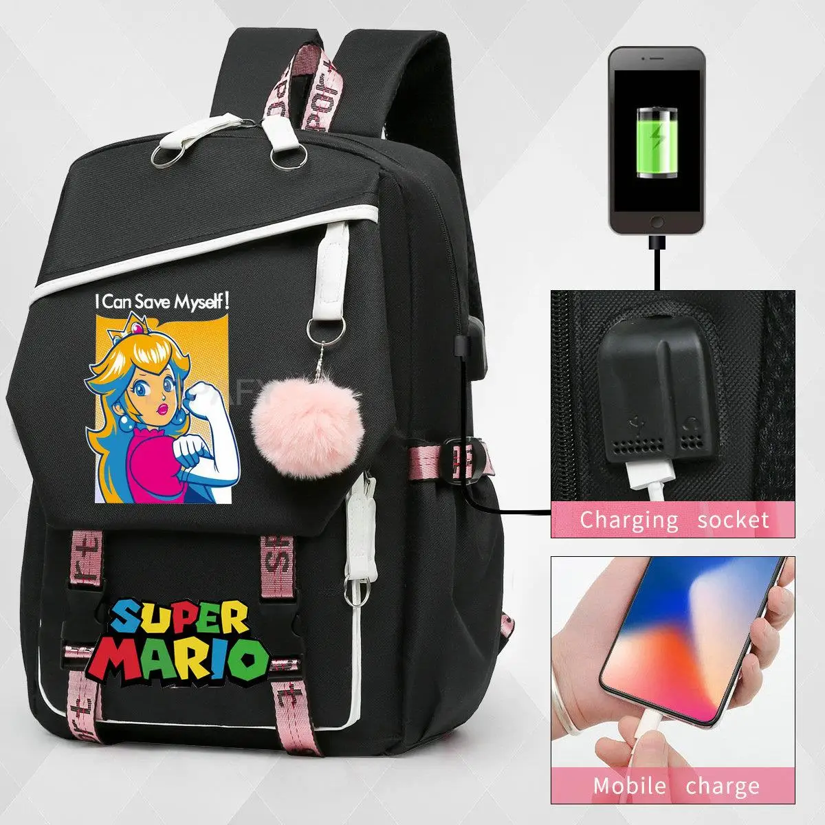 Peach Princess Zaino Super Mario Bros Patchwork Lady Capacity Waterproof College Mochilas Donna Uomo Laptop Travel School Bags