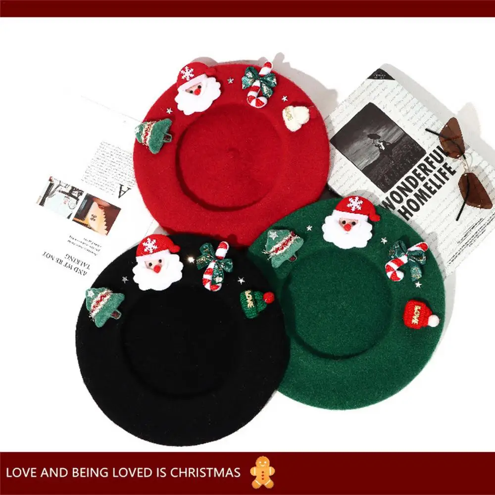 Description Picture 3 of itemChristmas Hat Red Beret Female Winter Headwear Xmas Party Dress Up New Year Gifts Sweet Girl Women Wool Tweed Beret Cap