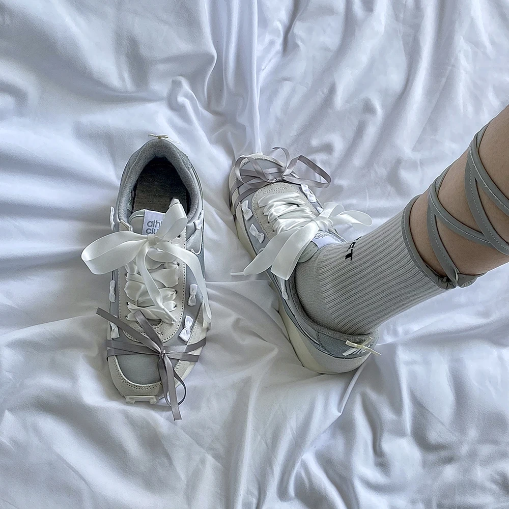 

2023 Spring Summer Ballet Cleats Bowknot Ribbon Retro Sneakers Korean Style Jogging Sports Casual Shoes Women's Lace Woven Shoes