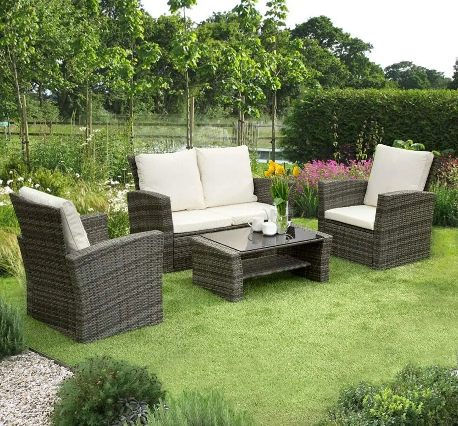 

Rattan Outdoor Garden Patio/Conservatory 4 Seater Sofa and Armchair set with Cushions and Coffee Table