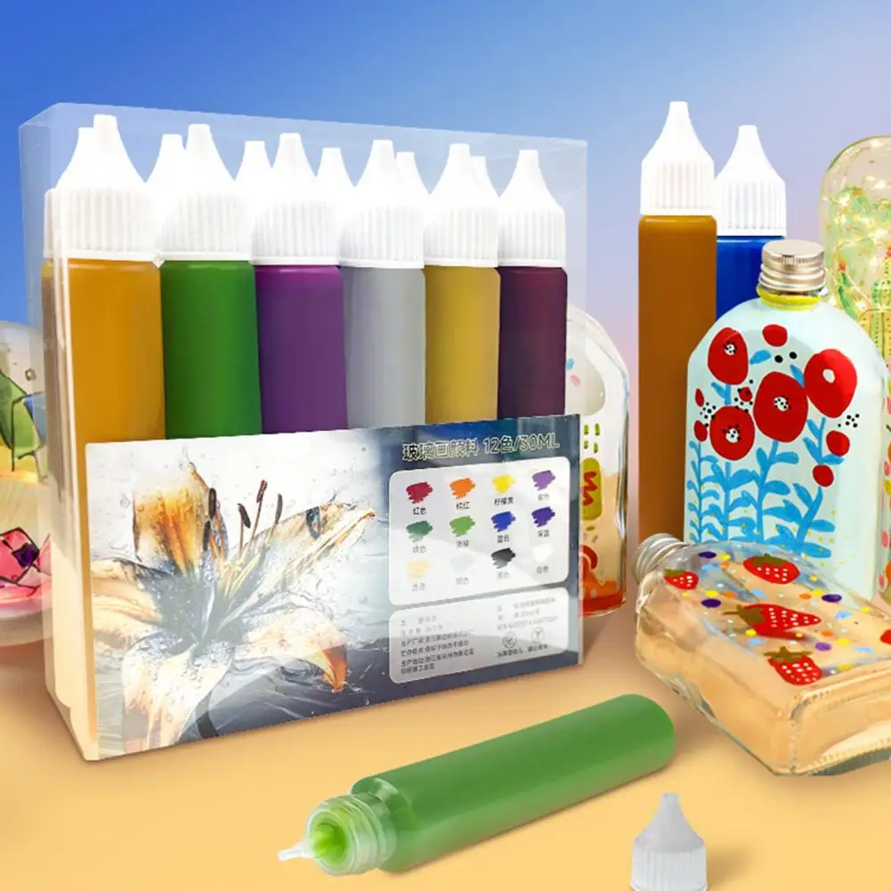 12Pcs Pigment Transparent Glass Painting Set Waterproof Bright Colored Easy To Use Adhesive Glass Painting Kit