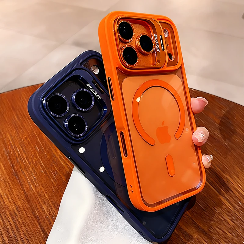 Luxury Matte Translucent Armor Shockproof For Magsafe Bracket Case For iPhone 17 16 15 14 13 12 Pro Max 17 Wireless Charge Cover 4