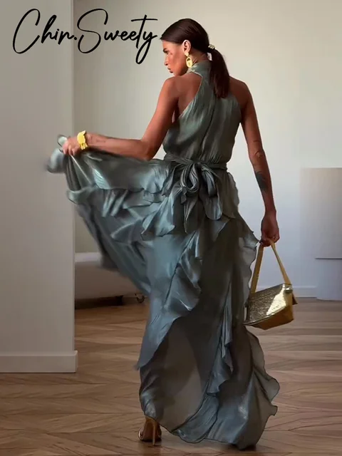Nouvelle Robe Longue Plissée à Volants Superposés pour Femme, Style Empire Sans Manches avec Lacets, Collection Printemps-Été 2026 1