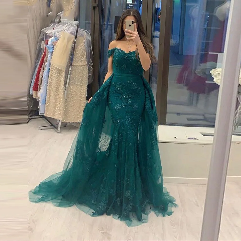 

Elegant Mermaid Women Evening Dresses Detachable Prom Party Gowns Formal Lace Court Train Abendkleider robes de soirée