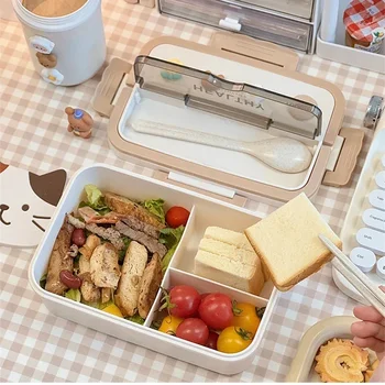 Portable Compartment Lunch Box Plastic Lunchbox Students Office Bento Box Microwave Food Containers with Chopsticks and Spoon 1