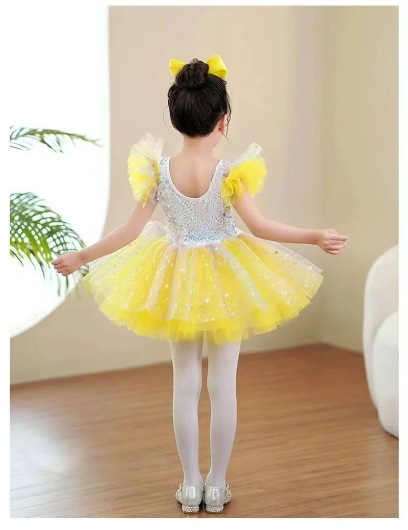 Yellow White Kids Ballroom Clothing Sequined Modern Dance Tutu Dress Girls Dance Costume Stage Wear Wedding Princess Dresses
