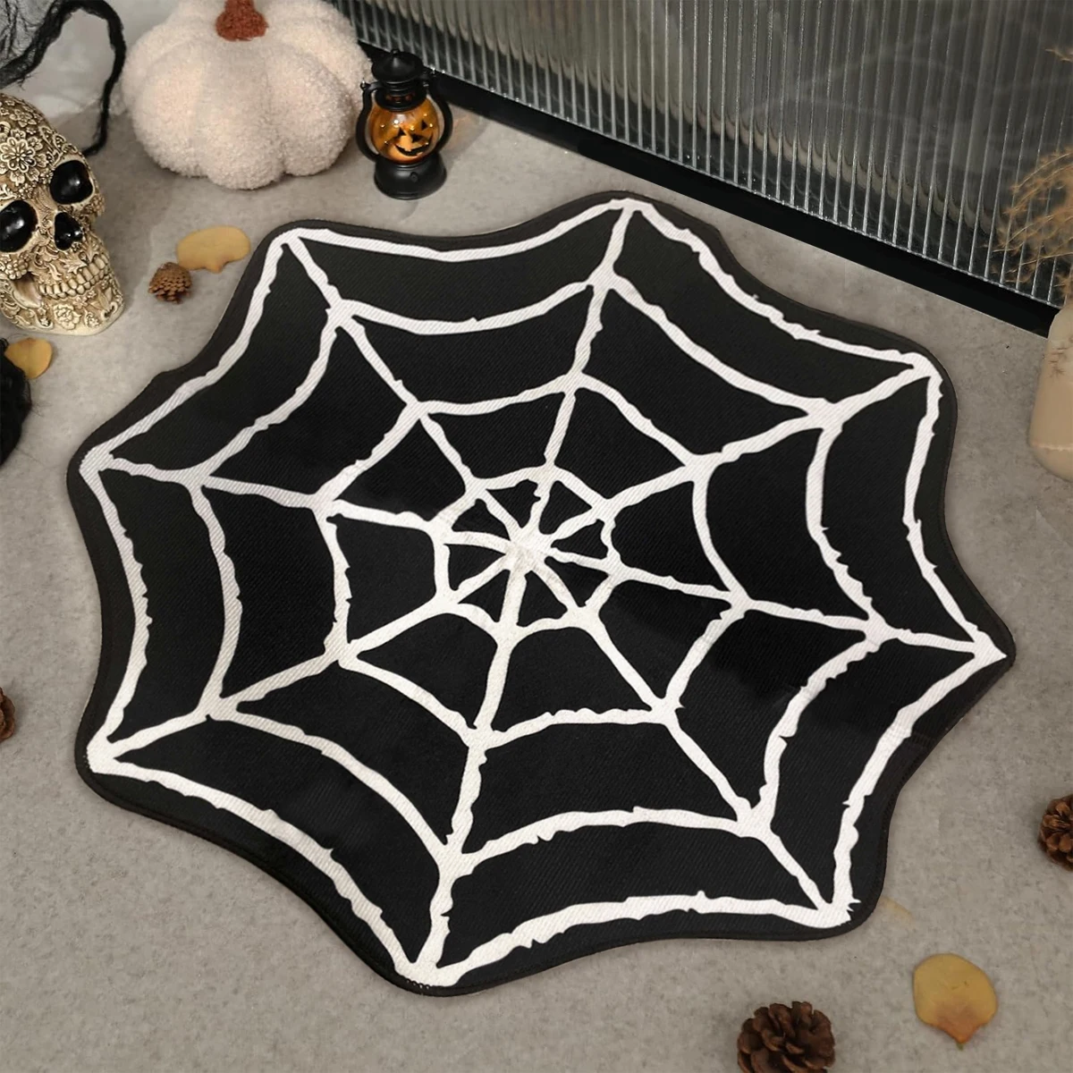1PC Halloween Aisle Runner Spider Web Rug Black White Washable Spooky Gothic Rug Non-Slip Spiderweb Accent Rugs for Home Decor