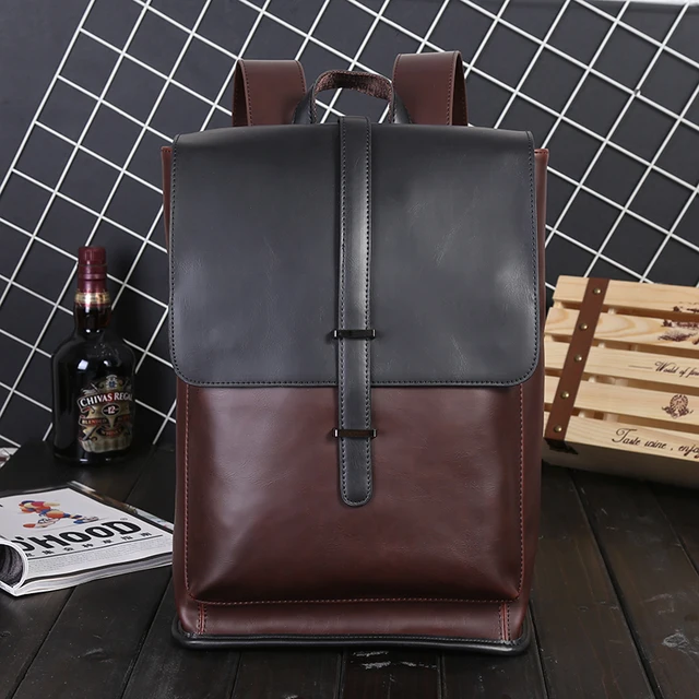 Men s Business Office Backpack School Bookbag Large Vintage Backbag Male Belt Solid Computer Laptop Bag Pack PU Leather Brown