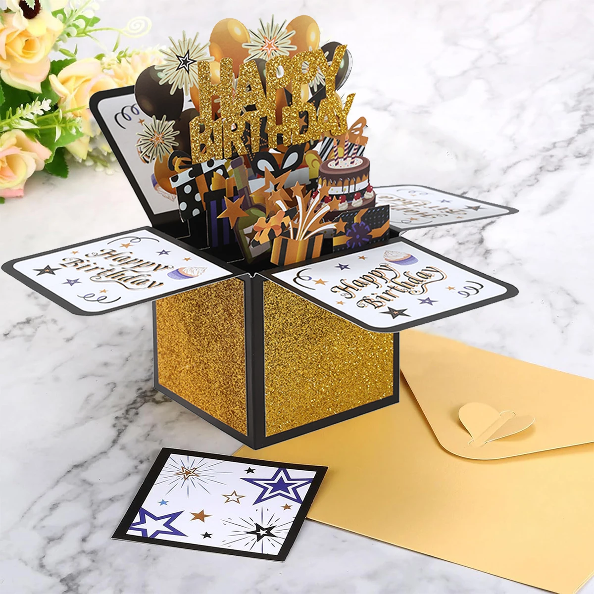 Happy Birthday Card Black and Gold 3D PopUp Greeting Cards Gift for Kids Wife Husband Birthday Gift Festive Party Supplies
