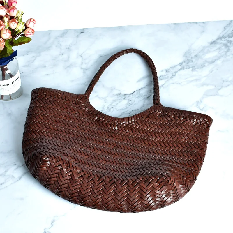 

Top layer cow woven bag, genuine leather French vegetable basket bag