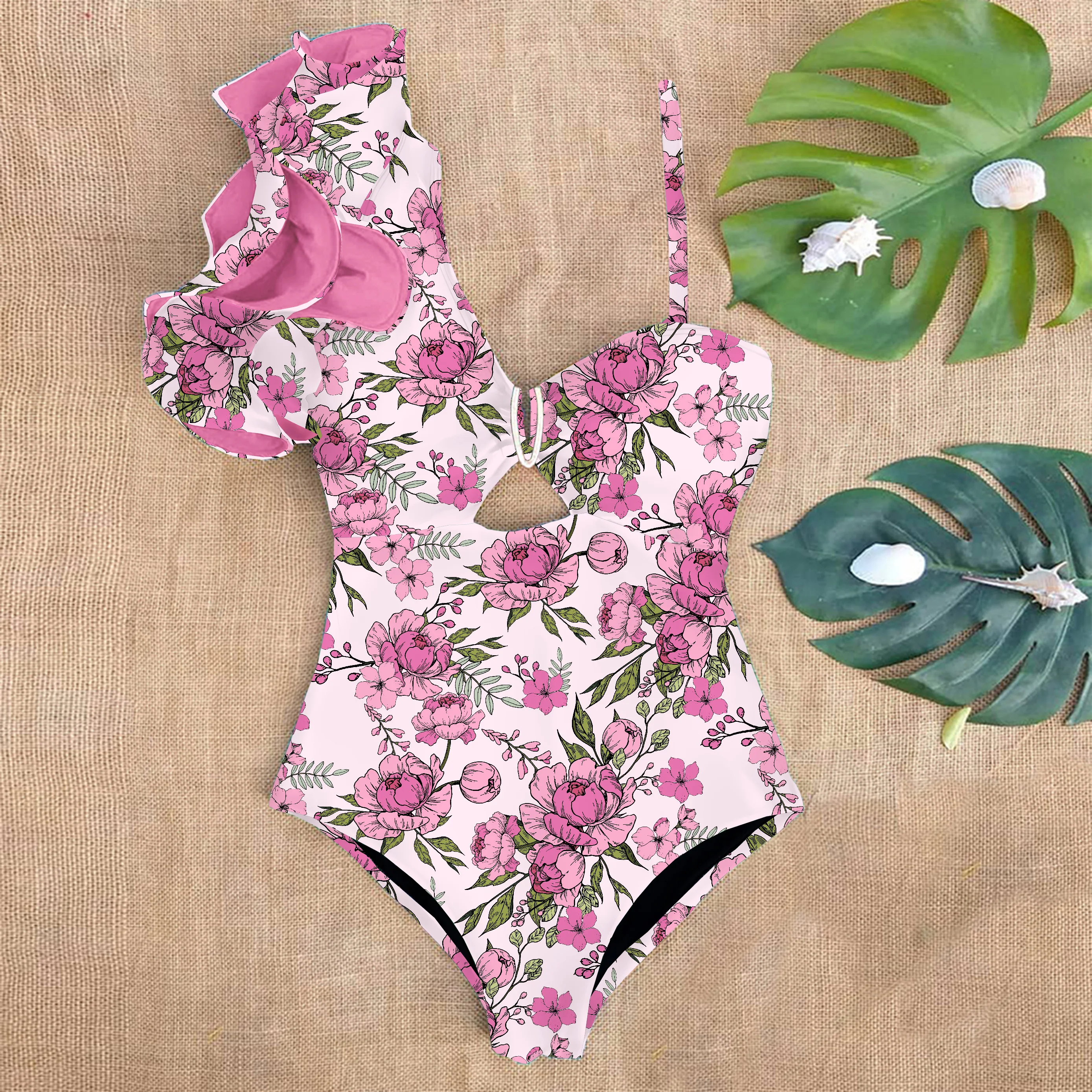 Ruffle Swimwear Single Shoulder One Piece Swimsuit Women Floral Printed Tropical Summer Beach Bathing Suit