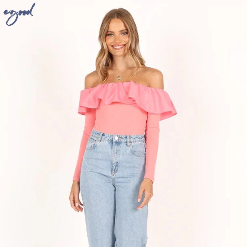 

Young Girl Bubble Pink Off Shoulder Blusas Mujer Woman Long Sleeve Crop Tops Vintage 3D Floating Collar Kawaii Low-neck T-shirt