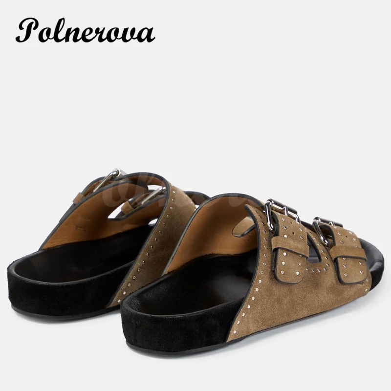 Fashion Rivet Leather Flat Comfortable Slippers Outerwear Beach Shoes Women's Vacation Flip Flops Comfortable Casual Sandals