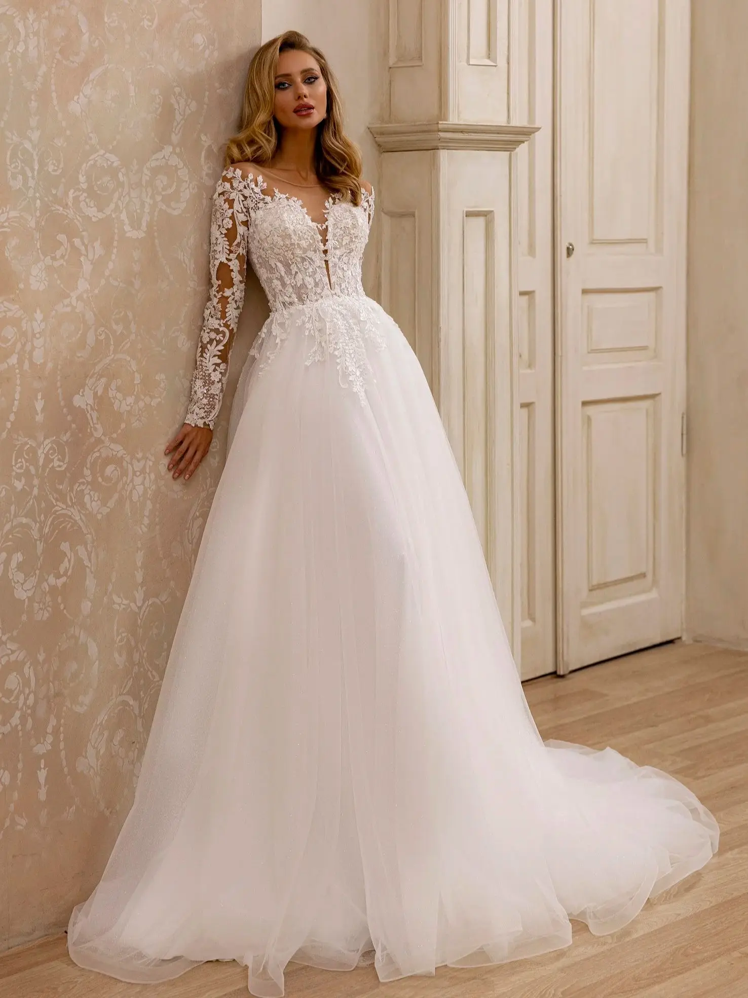 

Long Sleeves Wedding Dresses Women Tulle Vestidos Novia Lace Appliques Wedding Guest Gowns Bride Second Party Dress
