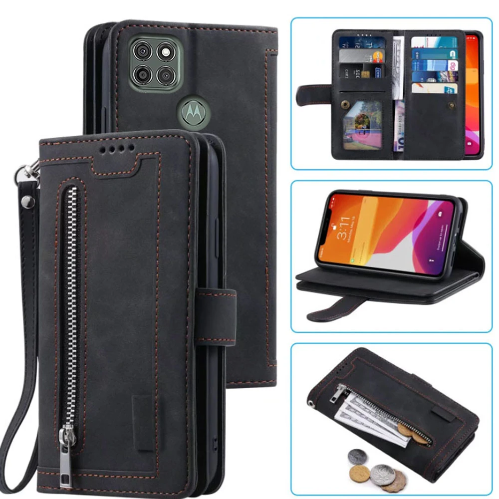 Elegant 9-Card Wallet Case with Zipper Flip Folio and Wrist Strap in Carnival Design