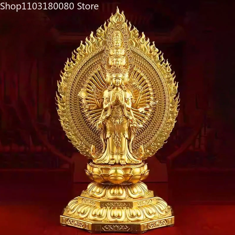 

23cm Copper brass gilt carved Thousand-hand Guanyin buddha statue Kwan-yin Avalokitesvara sculpture Temple home decor