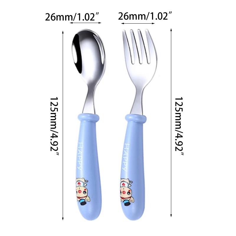 2 Pcs Baby Stainless Steel Spoon Fork Set Infant Feeding Cartoon Cutlery Utensils Toddler Children Tableware A2UB