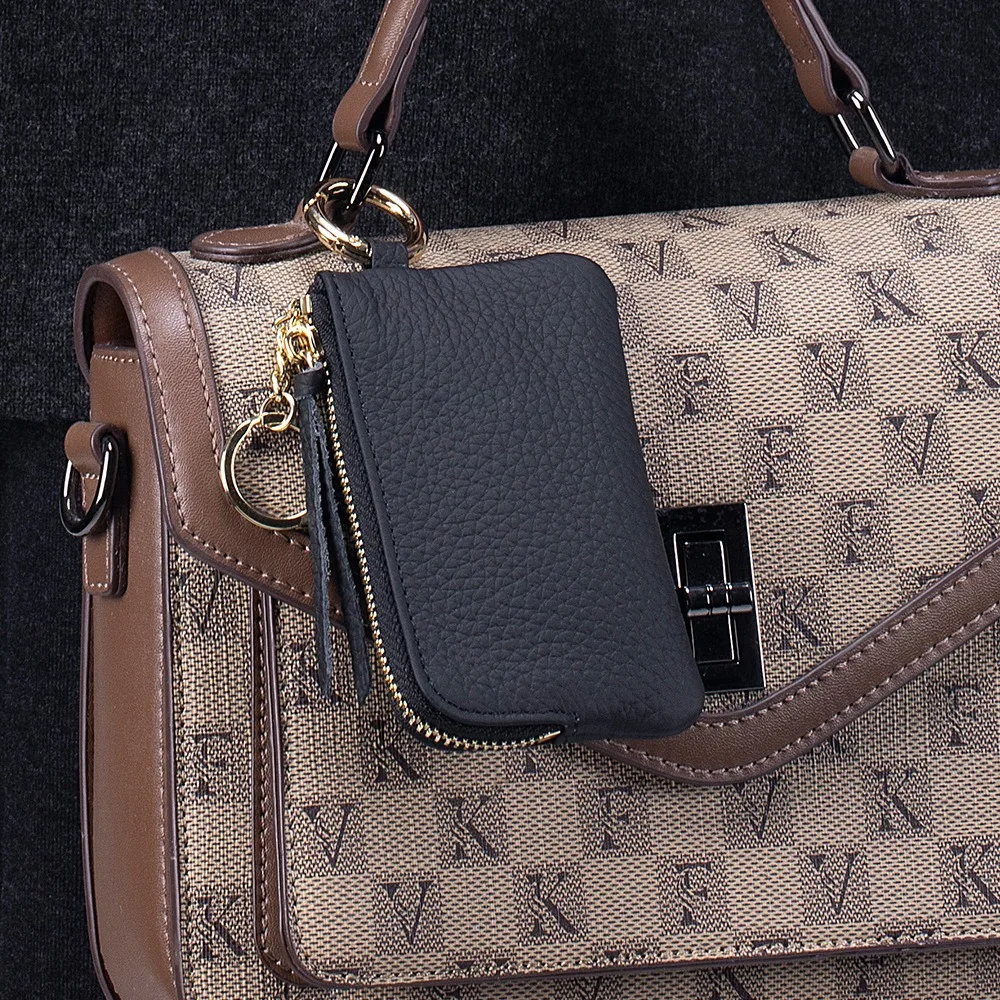 New Cowhide Short Wallet Solid Color Large Capacity Money Clip Lychee Pattern with Necklace Strap Coin Purse Women