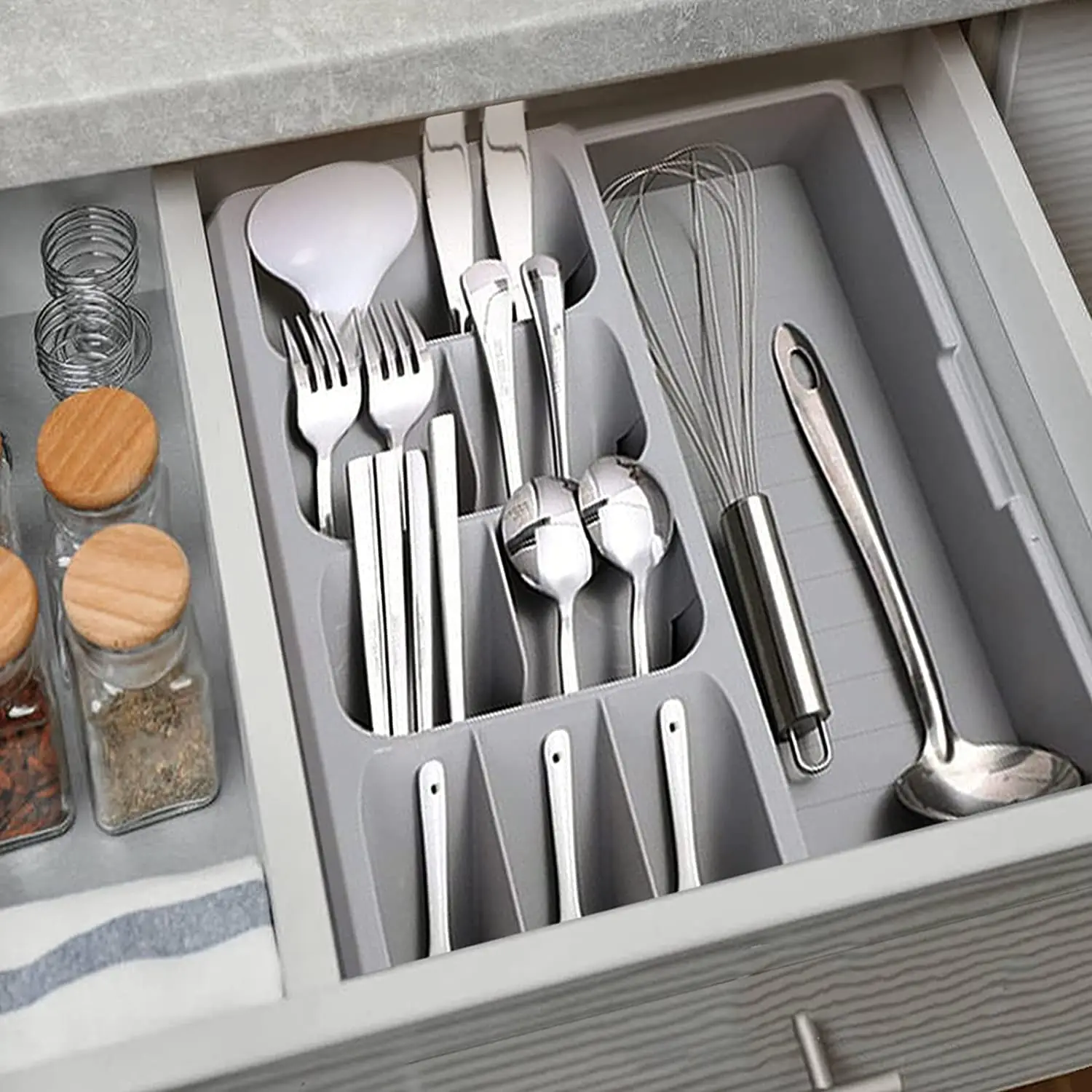 주방 서랍 주최자 트레이 식기 칼 붙이 확장 가능한 주최자 스토리지 Flatware 스푼 포크를 들고