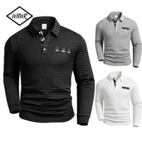 Polo carré à carreaux pour hommes, tissu texturé, couleur unie, hauts à manches longues, boutons à carreaux, Patchwork, col Henley 1