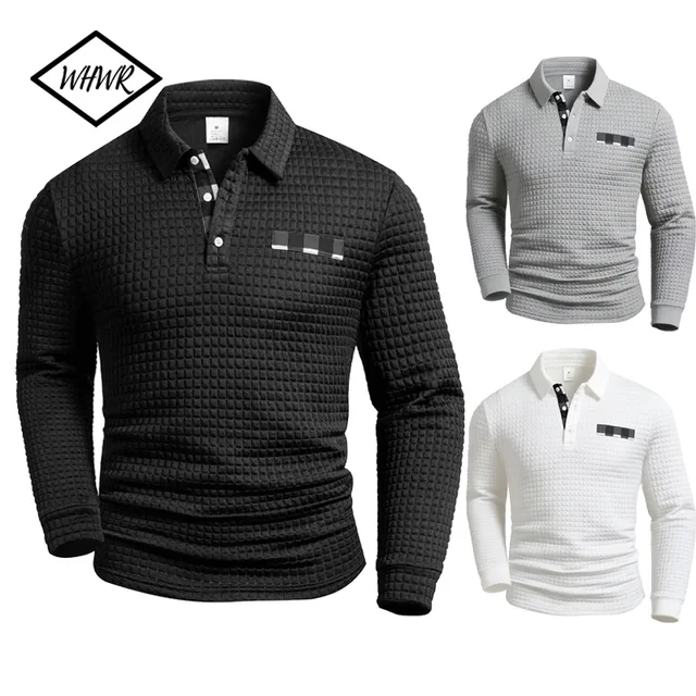 Polo carré à carreaux pour hommes, tissu texturé, couleur unie, hauts à manches longues, boutons à carreaux, Patchwork, col Henley 1