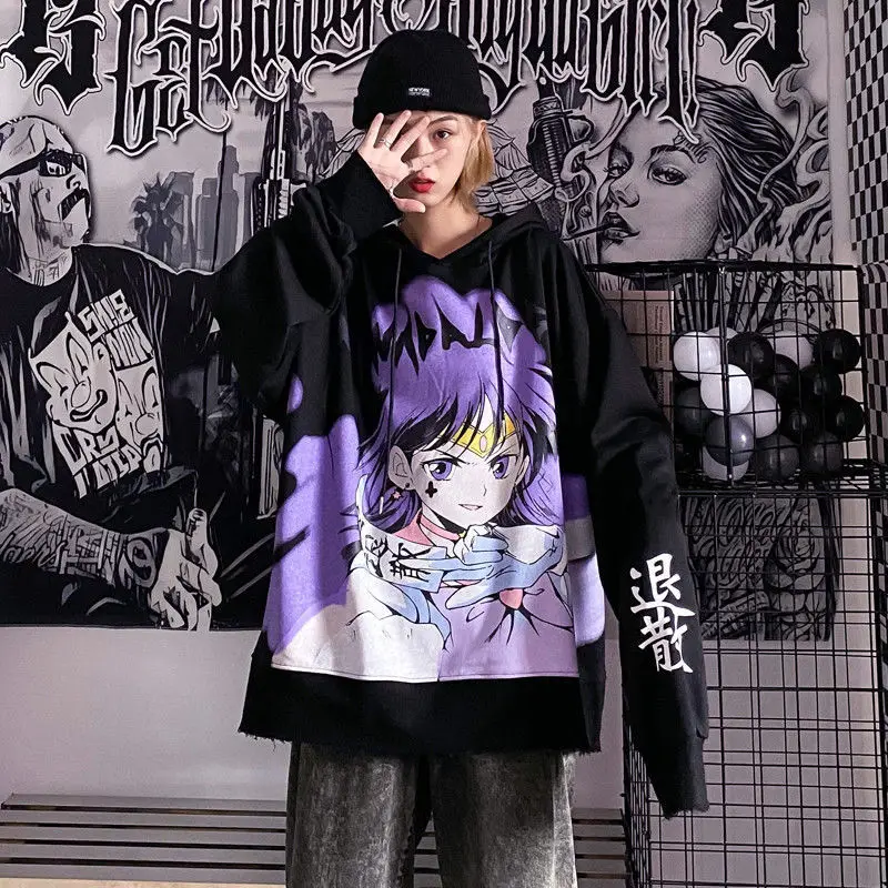 2XL Anime Print Sweatshirts Women Autumn Harajuku Gothic Pullovers Style Clothes Cotton Long Sleeves Hoodie Streetwear