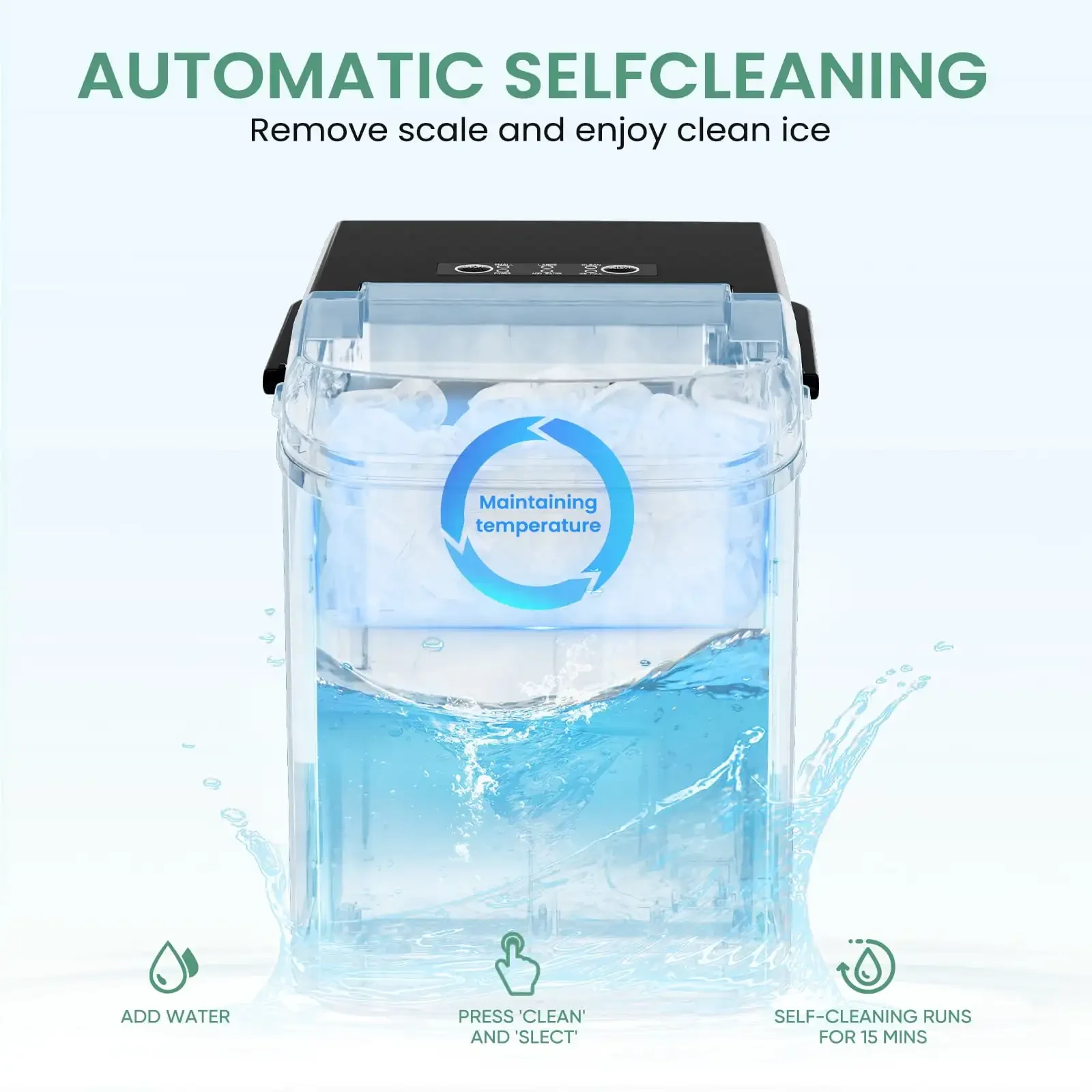 Portable Ice Maker Countertop Ice Maker Machine Self-Cleaning 2 Sizes Bullet Ice Portable with Scoop Basket and Handle Black