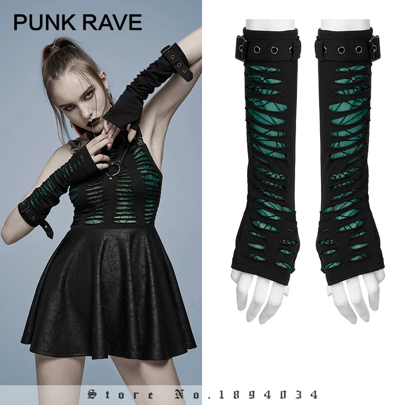 

PUNK RAVE Women's Gothic Cut Gloves Knitted Splices Spider Pattern Mesh Goth Mittens Removable Loop Cuff Apparel Accessories