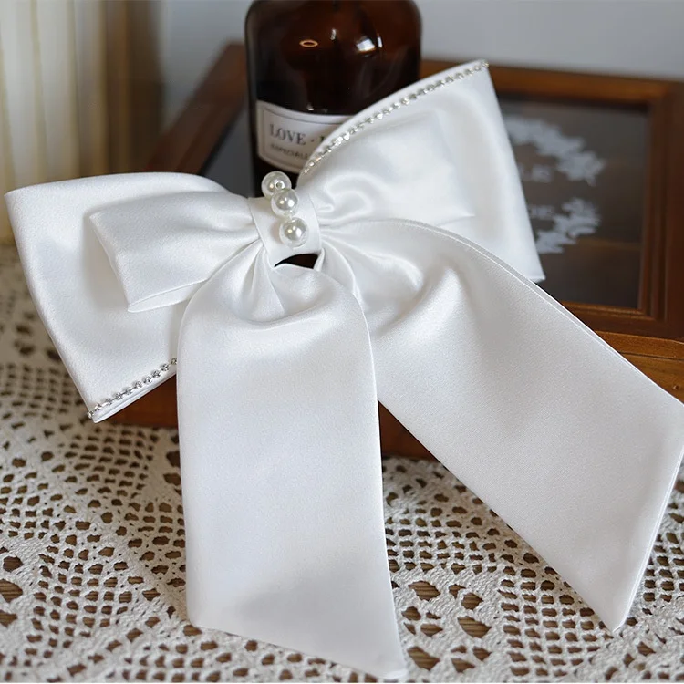 Bridal White Satin Bow Barrettes Wedding  Side Clip  Headdress Elegant  hair accessories for women