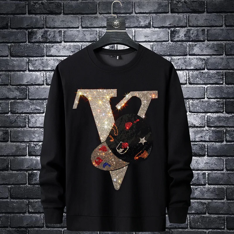 

2023 Men Letter Rhinestones Hoodie Sweatshirt Fashion Slim Streetwear Full Pullover Hoodie O Neck Rib Cotton Mens Autumn Clothes