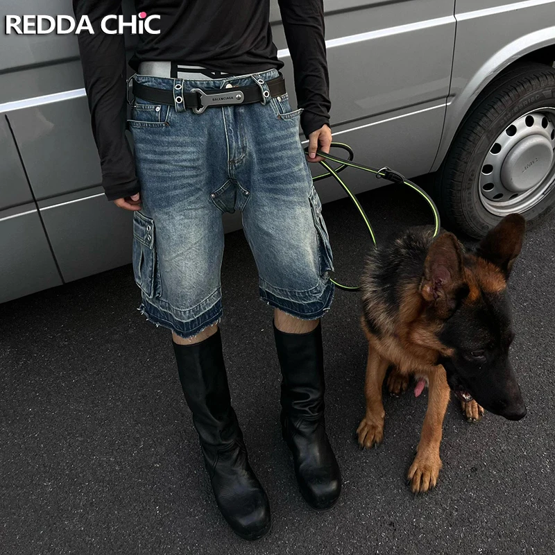 Брюки-карго REDDACHIC с декоративными люверсами, мужские короткие штаны в стиле Харадзюку, корейские брюки с необработанными краями, длинные джинсовые шорты с широкими штанинами, повседневная Рабочая одежда