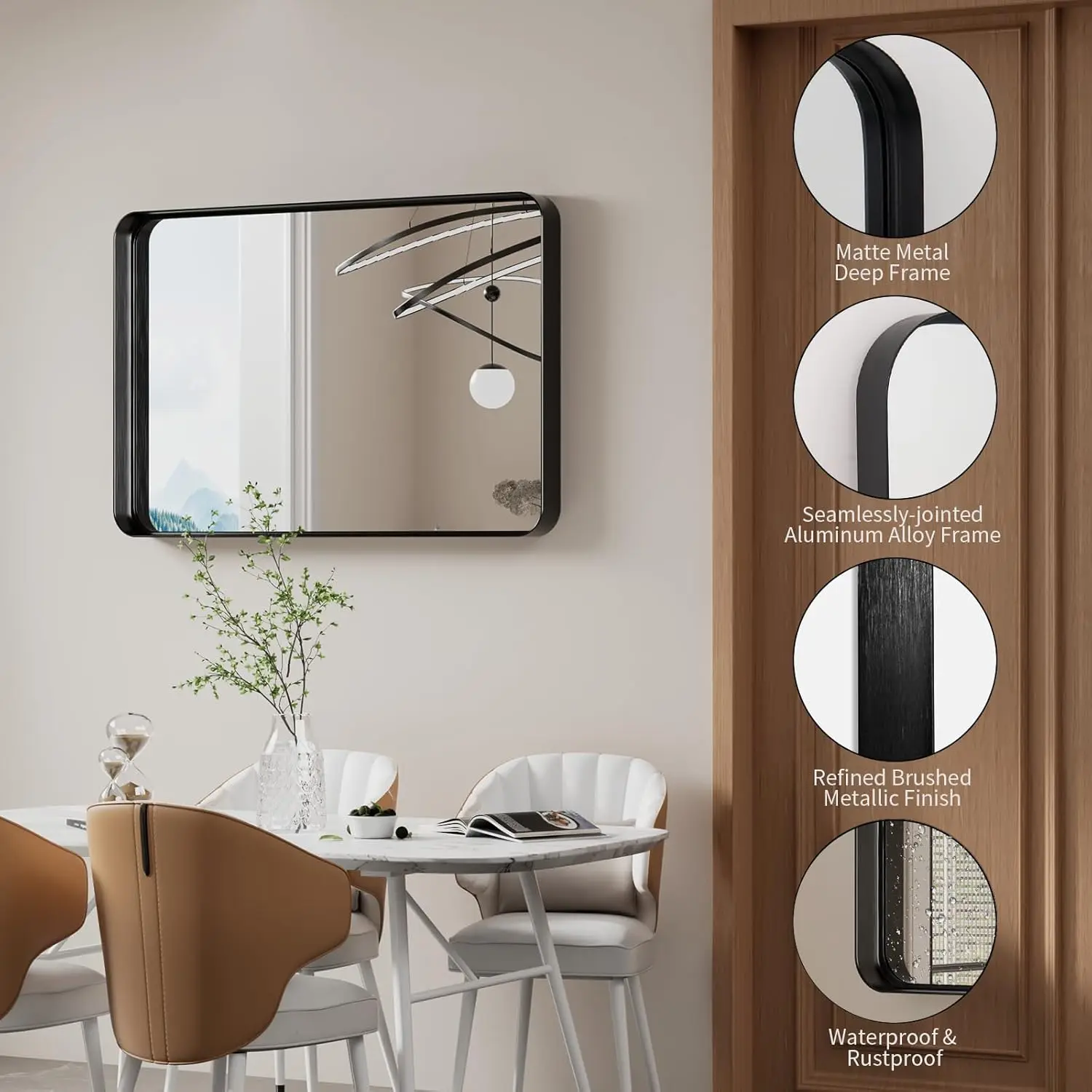 Black Wall Mirror. 24x36". Matte Deep Frame. Rounded Rectangle. Farmhouse Style. Tempered Glass. Anti-Rust. Vertical/Horizontal.