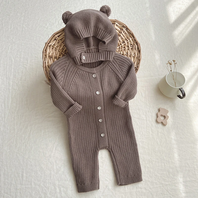 Koreanischen Stil Neugeborenes Baby Jungen Mädchen Overall + Hut Langarm Stricken Einfarbig Strampler Frühling Herbst Baby Jungen Mädchen kleidung