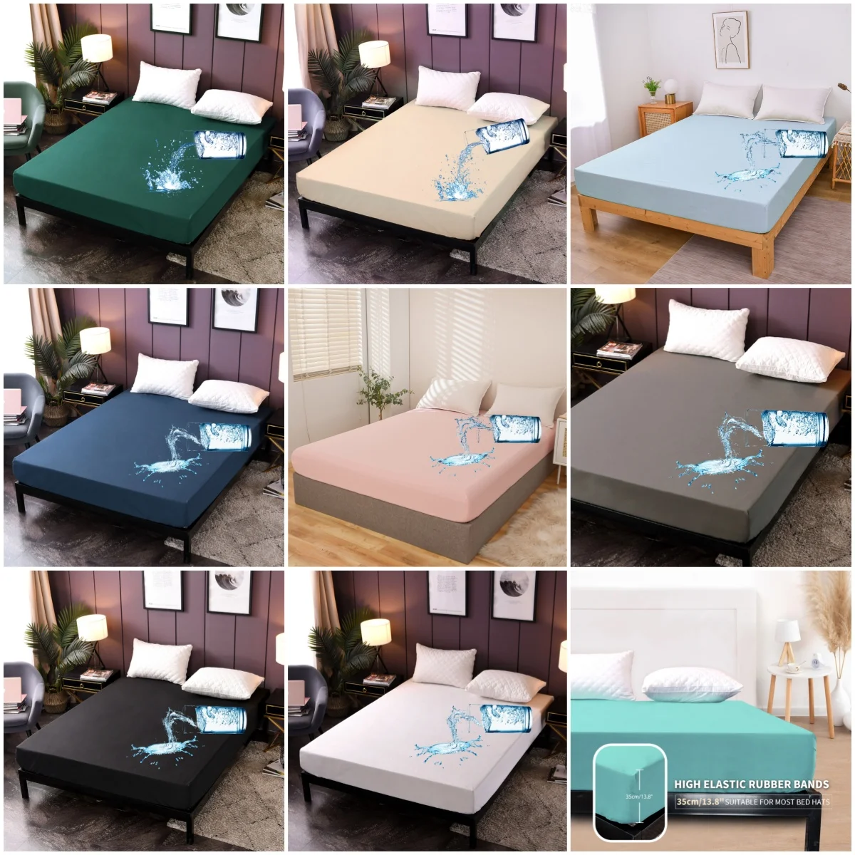 방수 매트리스 보호 커버 퀸 사이즈 14인치 딥 포켓 폴리에스테르 침대 커버 솔리드 컬러 장착 시트(블랙, 퀸)