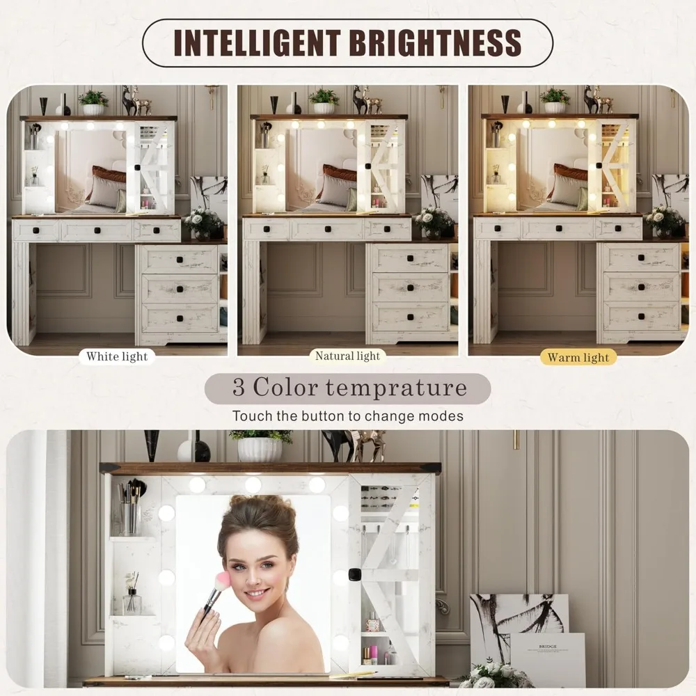 Vanity Desk Mirror and Lights, Makeup Vanity Table 6 Drawers/Large Storage, White Dressing Table 3 Colors Adjustable Lighting
