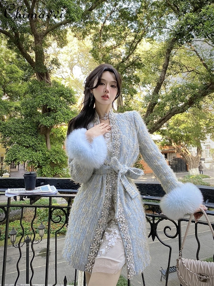 

High-End Luxury Fox Fur Patchwork Wool Coat 2024 Autumn and Winter New Heavy Industry Rhinestone Slim Long Sleeve Elegant Jacket