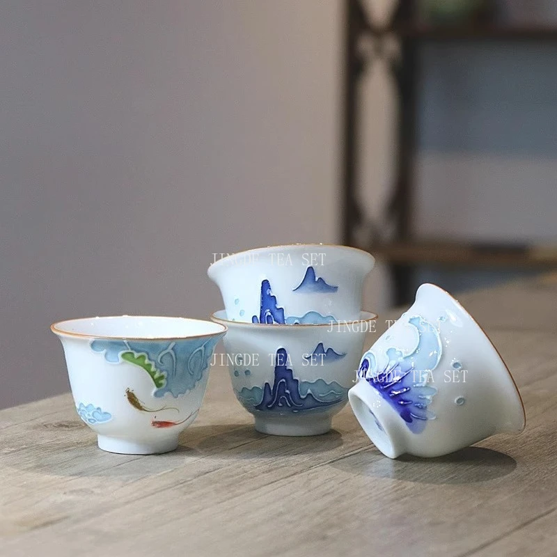Ceramic Relief Tea Cup Home Hand-painted Tea Cup White Porcelain Kung Fu Tea Set Drinking Utensils Reverse Mouthed Master Cup