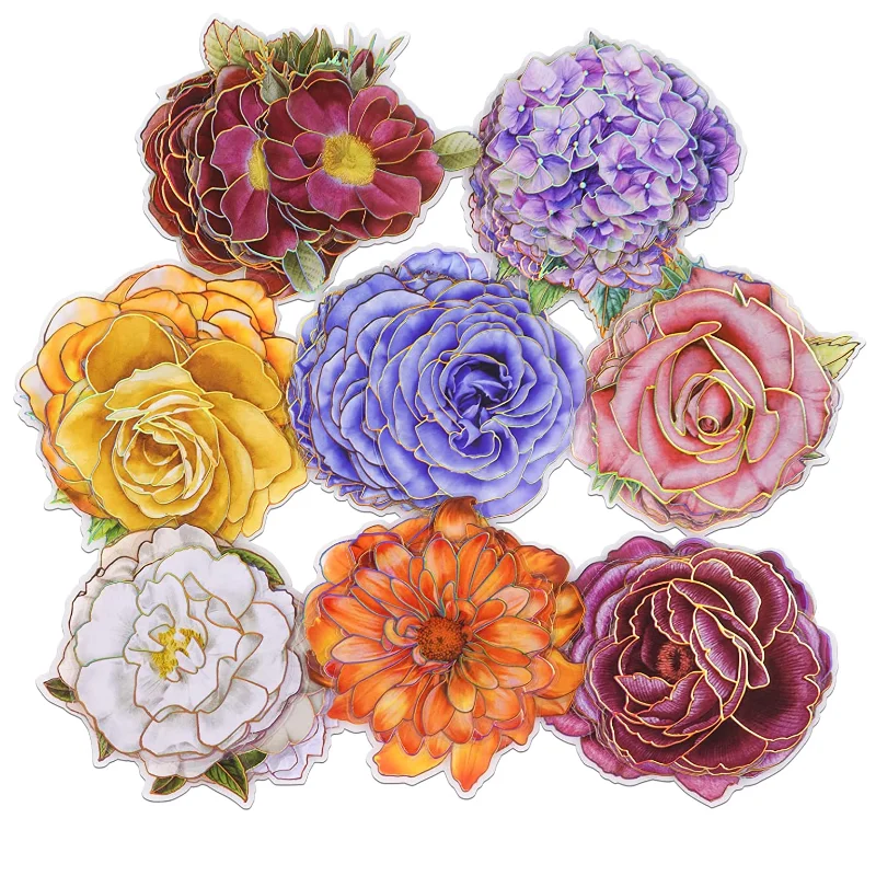80 Pieces Large Size Waterproof Flower Stickers with Gold Holographic Outlines Glitter Shiny Floral Decorative Decals Planner
