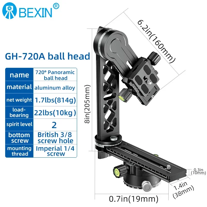 GH-720&deg; Tripod Panoramic Head Professional Equipment Starry Sky Shooting Max load 10 kg and ARCA SWISS Compatible-Black