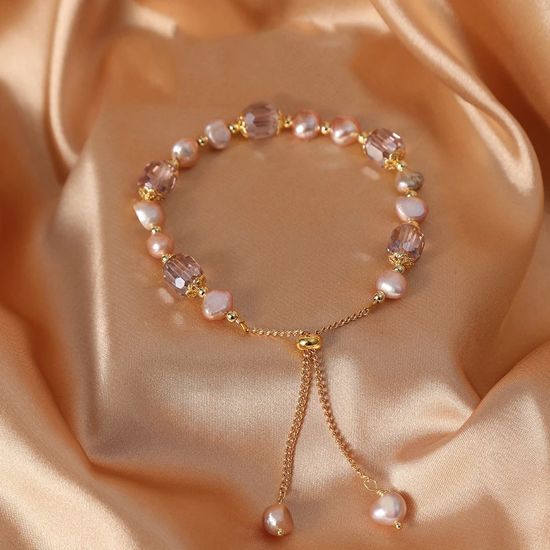 Imitation Pearl Bracelets Elegant Pink Imitation Pearl Bracelets Exquisite Purple Crystal Beaded Adjustable Bracelets Bangle Female Wristband Accessories
