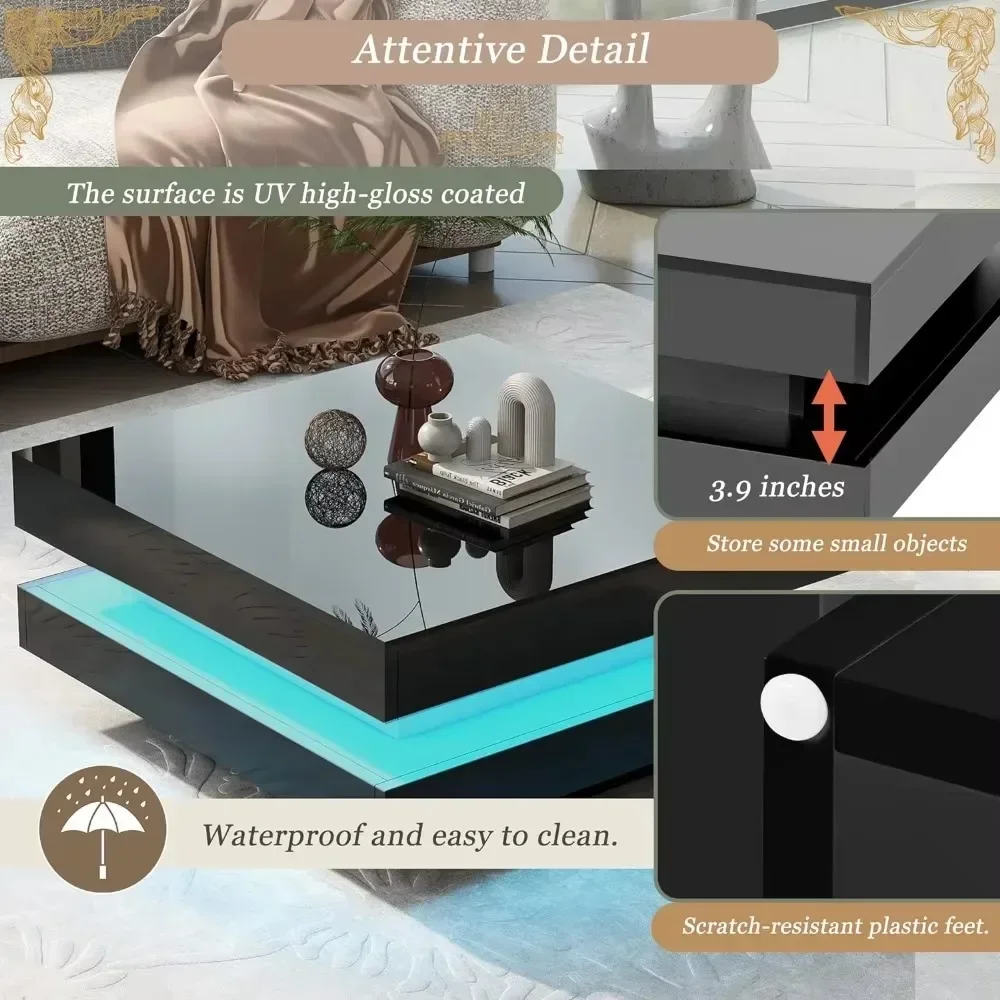 Coffee Table Modern Minimalist Design High Gloss 31.5 Inch 2 Tier Square with Plug-In 16 Color LED Lights Caf&eacute; Tables