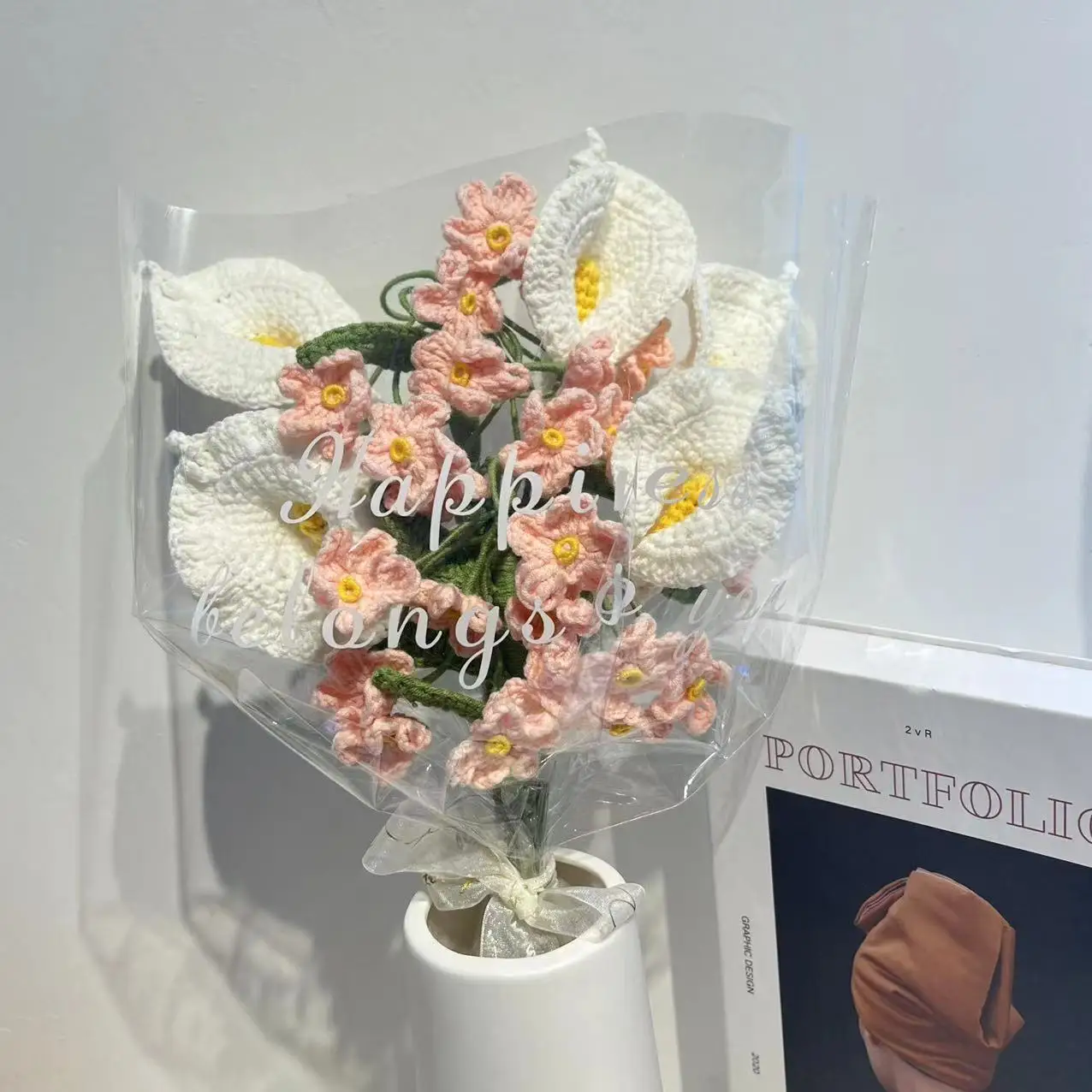 Finished Hand-Knitted Crochet Knitted Flowers Calla Lily Daisy Fake Flower Wedding Decoration Home Table Creative Decorate Gifts