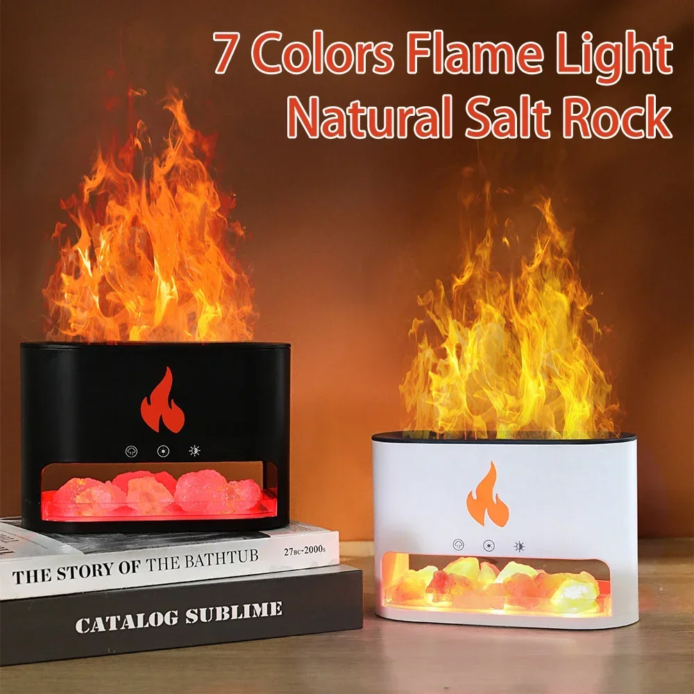 

New Fireplace Humidifier Crystal Salt Rock Fire Lamp 7 Color Flame Aroma Volcano Air Humidifier Essential Oil Diffuser for Home